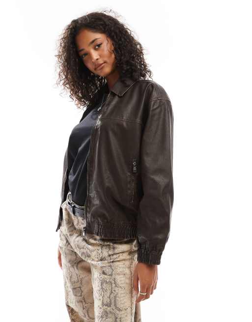 Pull&Bear – Dad-Jacke aus Kunstleder in Schokoladenbraun