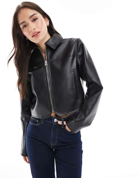 Pull&Bear – Dad-Jacke aus Kunstleder in Schwarz mit Kragen - view 1