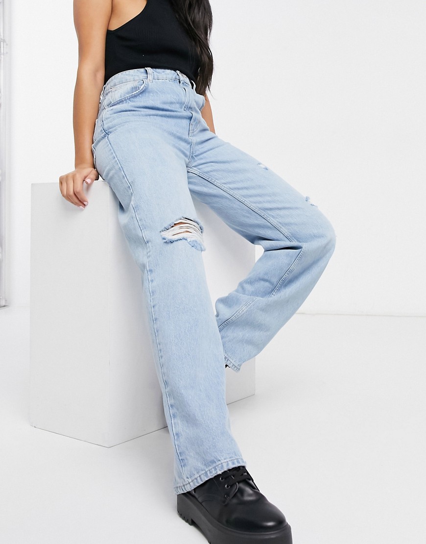 Pull & Bear dad jeans in light blue with rips-Blues