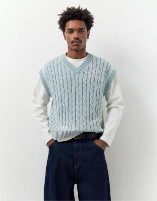 Pull & Bear - Débardeur en maille torsadée - Bleu ciel délavé