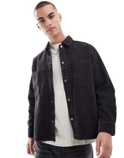 Pull&Bear denim acid washed overshirt in black