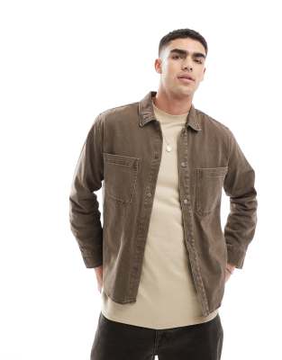 denim acid washed overshirt in brown