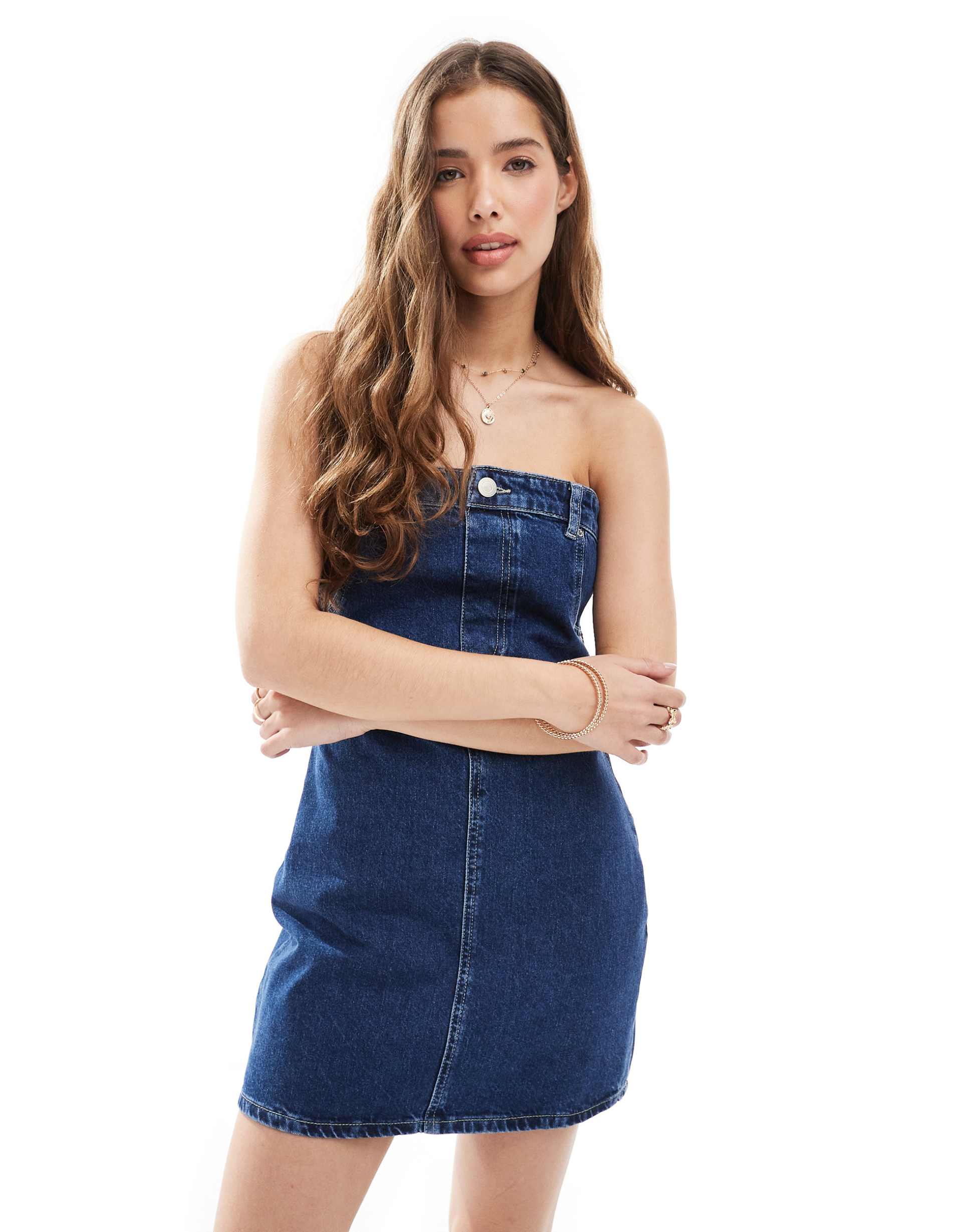 pull&bear denim bandeau mini dress in dark blue rinse