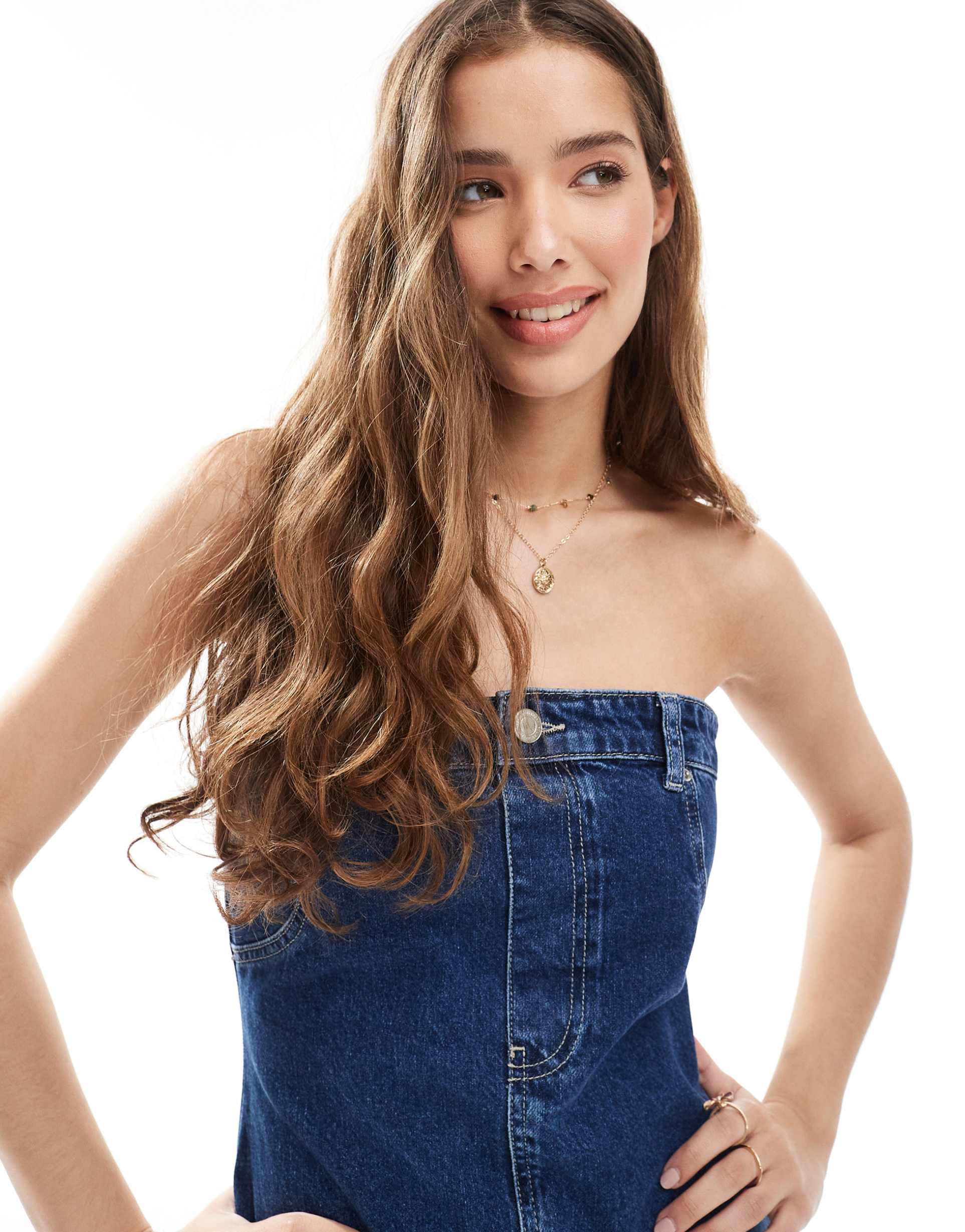 pull&bear denim bandeau mini dress in dark blue rinse