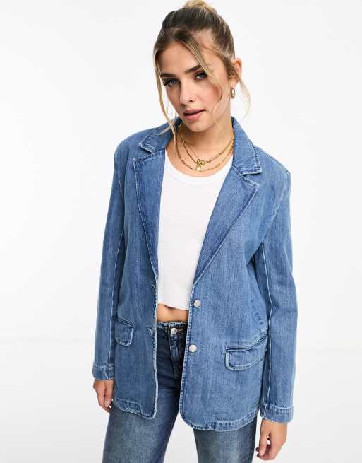 Pull Bear denim blazer in medium blue ASOS