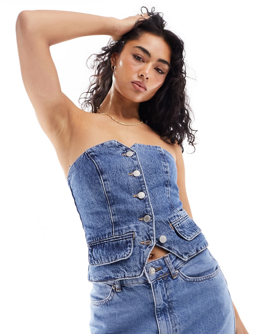 Pull & Bear denim button through corset top co-ord in washed blue