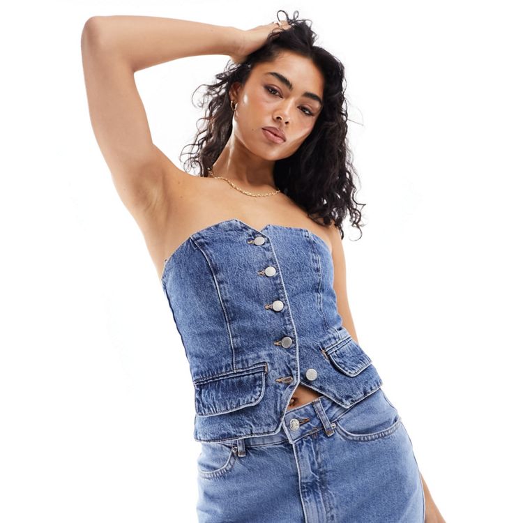 Pull&Bear denim button through corset top co-ord in washed blue