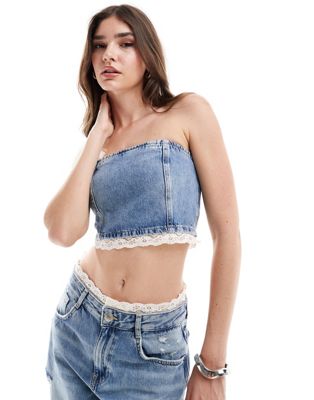 Pull & Bear Denim Corset With Lace Trim In Medium Blue - Part Of A Set