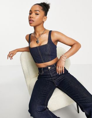 Pull&Bear denim cropped corset top co-ord in blue