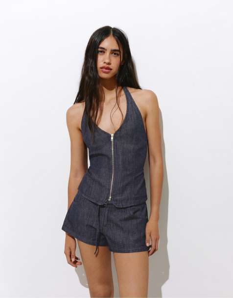 Pull&Bear Denim halter top with zip in navy - view 1