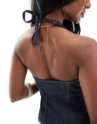 Pull & Bear Denim Halterneck Top In Blue