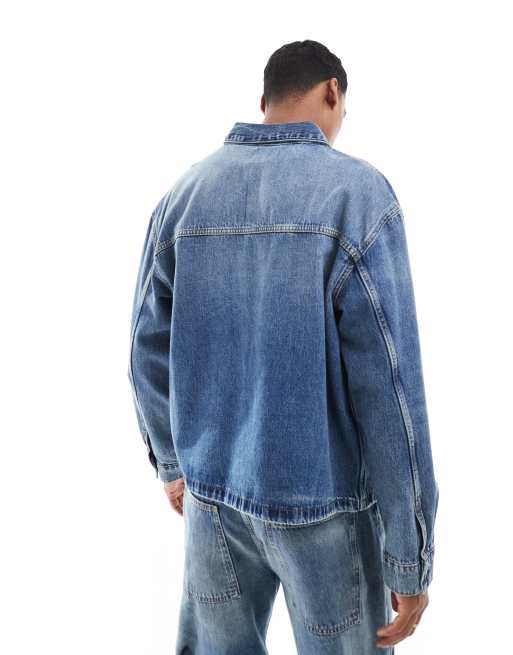 Pull&Bear - Denim jack in middenblauw met wassing, deel van co-ord set, 3 van 4