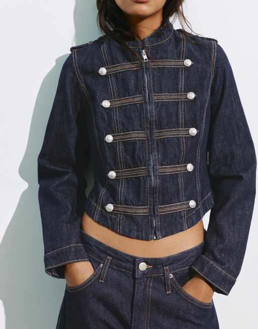 Pull&Bear denim jack met knoopsluiting in navy, 3 van 7