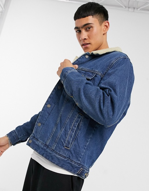 Pull&Bear denim jacket in blue with shearling collar
