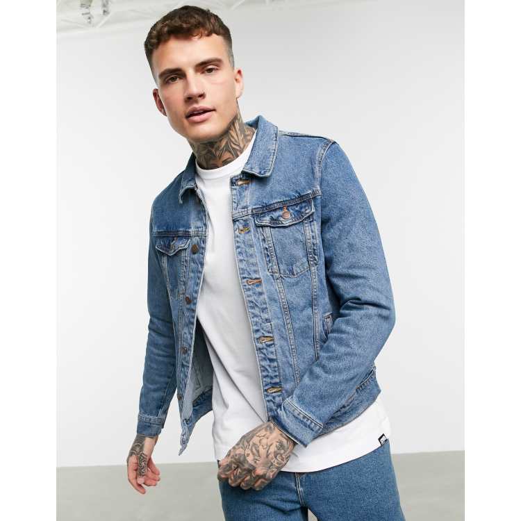 Pull&Bear Denim Jacket With Jersey Hoodie In Navy