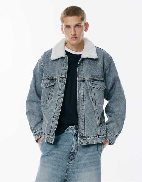 Pull&Bear Denim jacket with faux fur collar in medium blue - view 1
