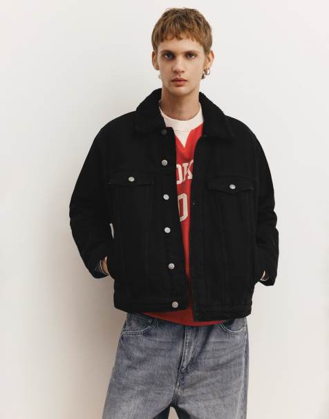 Pull&Bear Denim jacket with faux shearling collar in faded black - view 1