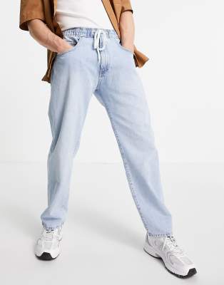 Pull\u0026Bear - Denim joggingbroek met wijde pijpen in blauw met lichte wassing  | ASOS