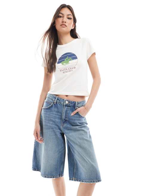 Pull&Bear - Denim jort in middenblauw met wassing
