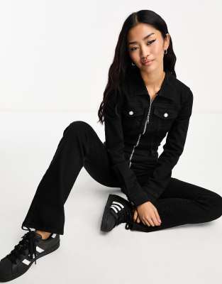 Pull & Bear Denim Long Sleeve Jumpsuit In Black