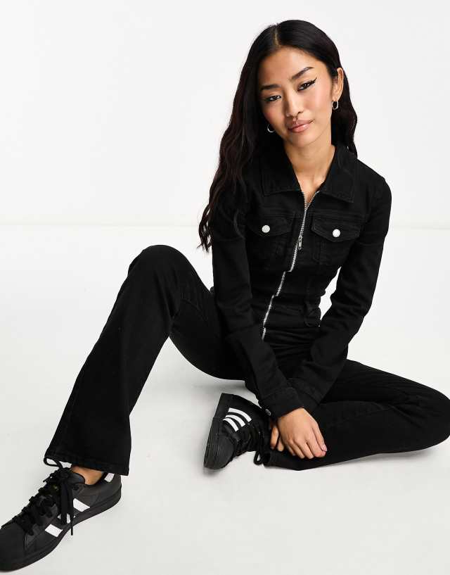 Pull&Bear - denim long sleeve jumpsuit in black