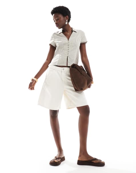 Pull&Bear denim longline short in ecru - view 1