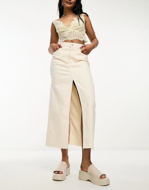 Pull&Bear denim midi skirt in ecru