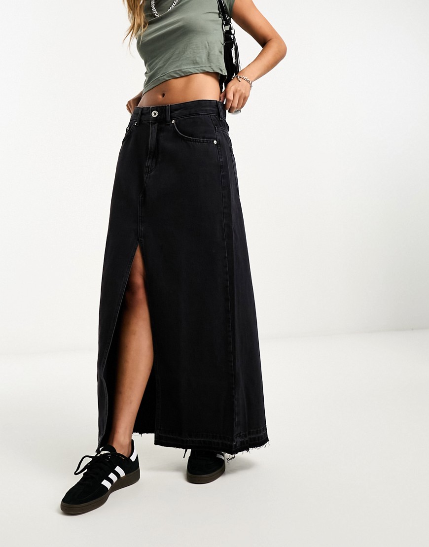 Pull & Bear Denim Midi Skirt With Split Front In Black