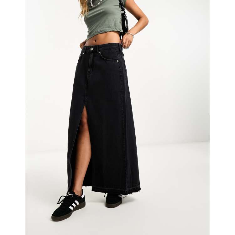 Pull Bear denim midi skirt with split front in black