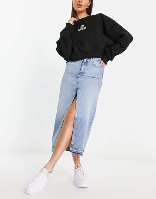 Pull&Bear - Denim midirok in medium wassing 