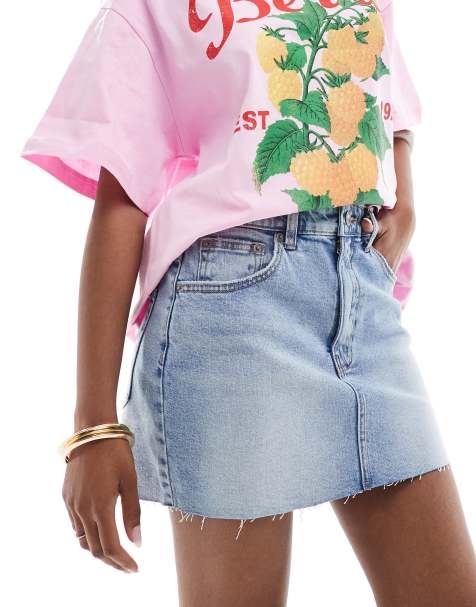 Pull&Bear denim mini skirt with raw hem in mid blue - view 1