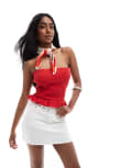 [Pull & Bear] Pull & Bear denim mini skirt with raw hem in white 6 WHITE