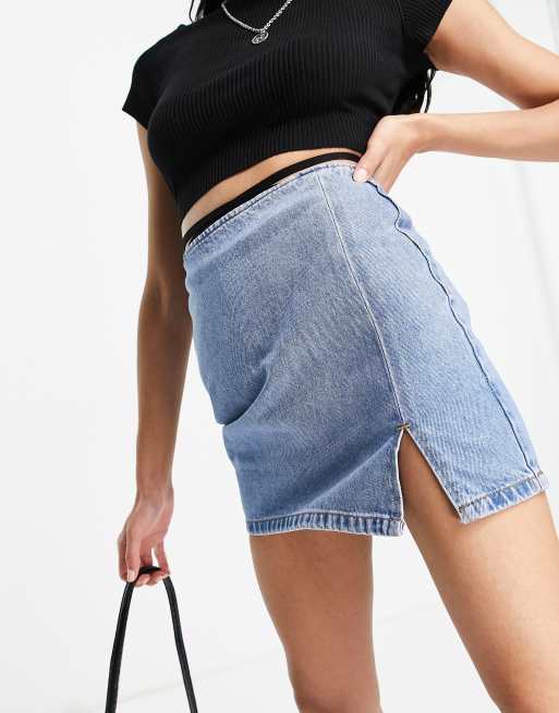 Pull&Bear - Denim minirok met A-lijn en splitje in blauw