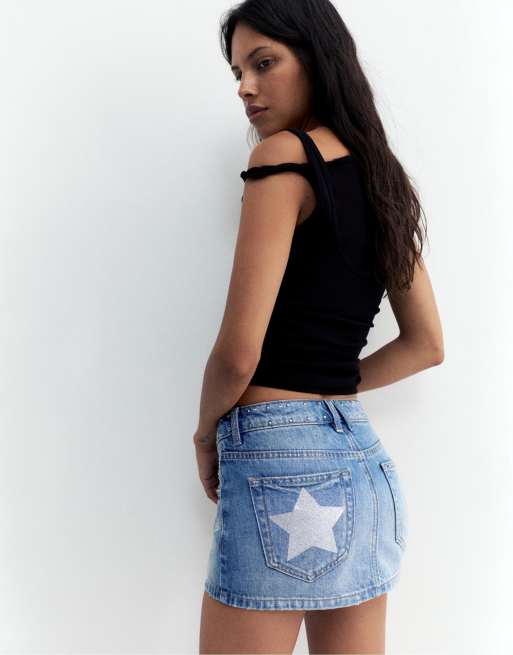 Pull&Bear denim minirok met sterrenstuds in middenblauw, 2 van 4