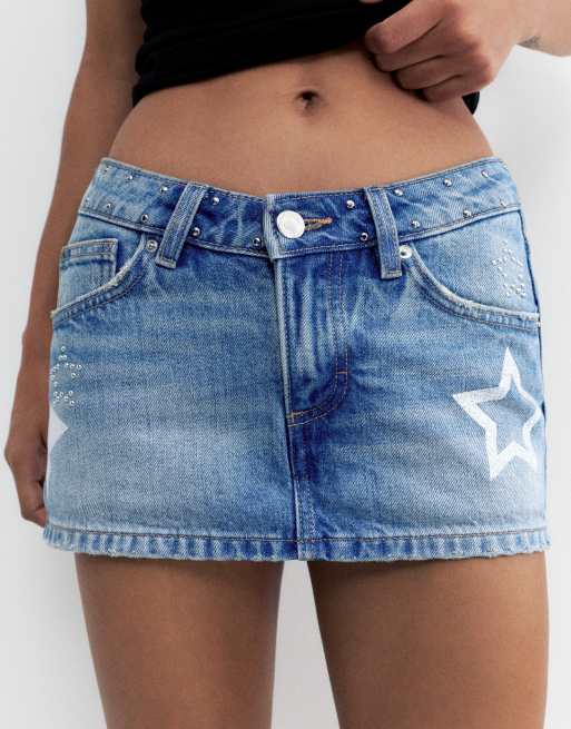 Pull&Bear denim minirok met sterrenstuds in middenblauw, 3 van 4