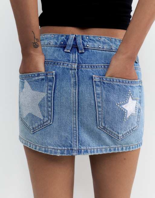Pull&Bear denim minirok met sterrenstuds in middenblauw, 4 van 4