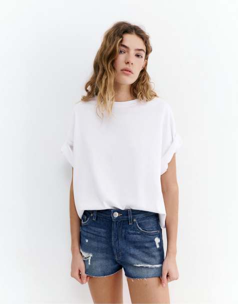 Pull&Bear - Denim mom-fit short met scheuren in donkerblauw - view 1