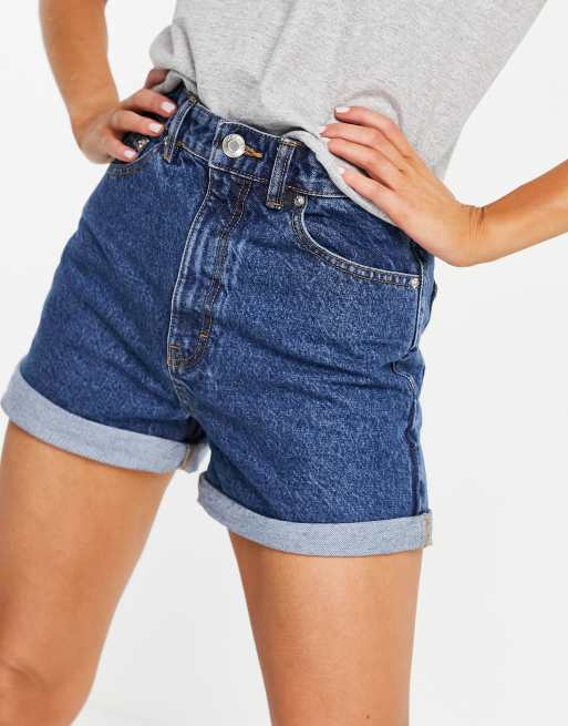 Pull&Bear denim mom shorts with rolled hem in dark blue