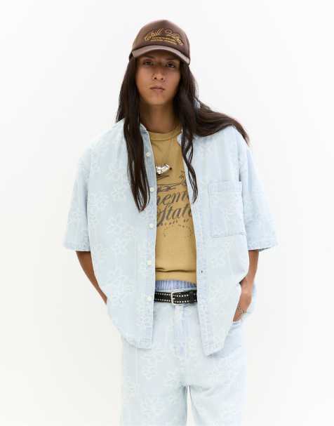 Pull&Bear - Denim overhemd met korte mouwen en bloemenprint in vaal indigo - view 1