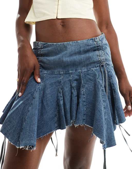 Pull&Bear - Denim rara minirok met lange achterkant in middenblauw