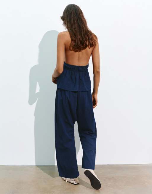 Pull&Bear denim sarouel capribyxor i mörkblått, 2 av 7