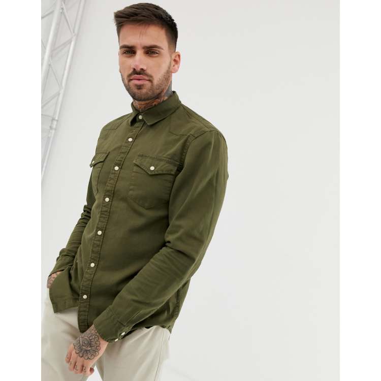 Pull&Bear denim shirt in olive