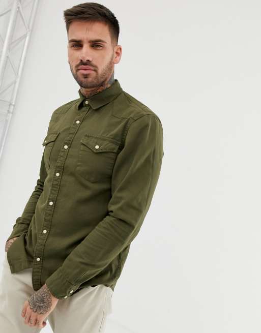 Olive denim shop shirt