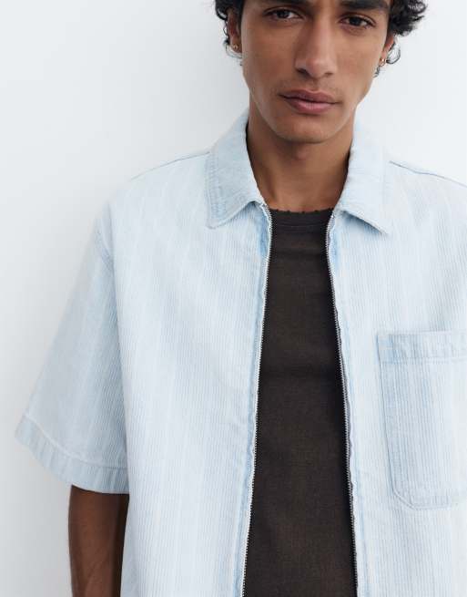 Pull&Bear Denim shirt with zip in pale blue, 4 of 4