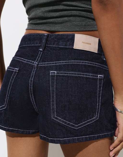Pull&Bear - Denim short met lage taille in marineblauw, 3 van 4