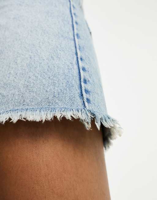Pull&Bear - Denim short met lange pasvorm, hoge taille en onafgewerkte zoom in bleekwassing, 4 van 4