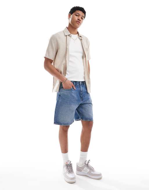 Pull&Bear - Denim short met normale pasvorm in middenblauw