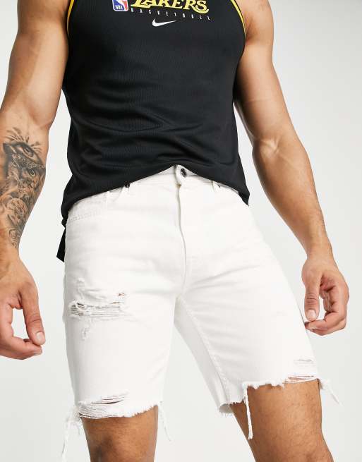Pull&Bear - Denim short met rechte pasvorm en scheuren in wit