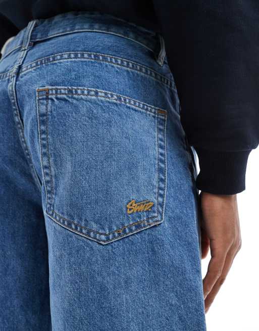 Pull&Bear baggy fit denim shorts in mid blue