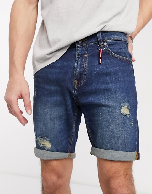 Pull&Bear denim shorts with abrasions in dark blue